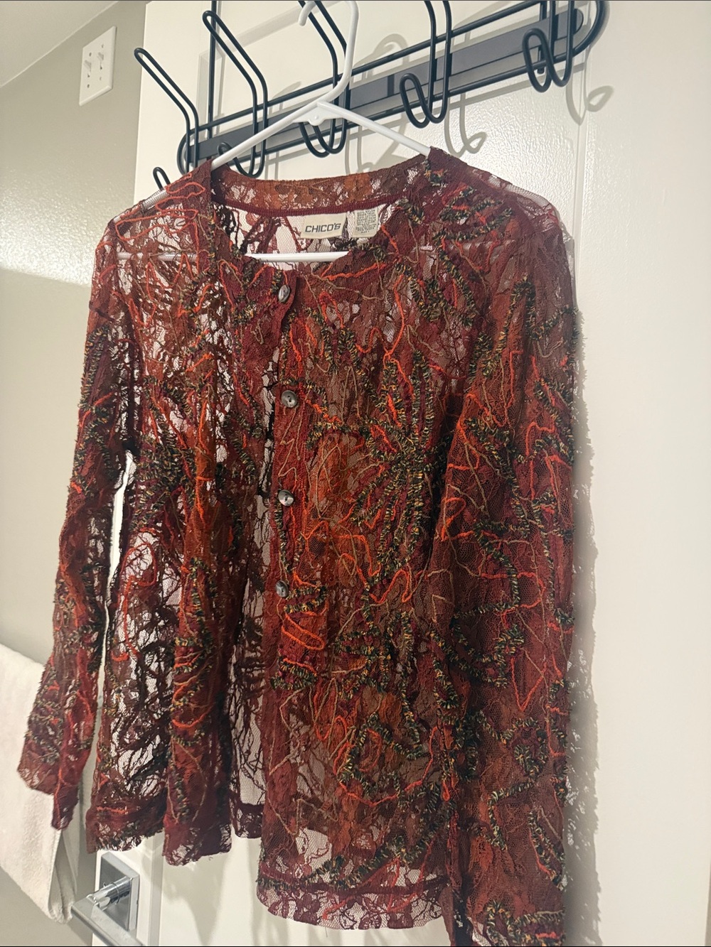 Chico's Rust, Olive & Burnt Orange Embroidered Lace Button-Down Shirt - Picture 5 of 5